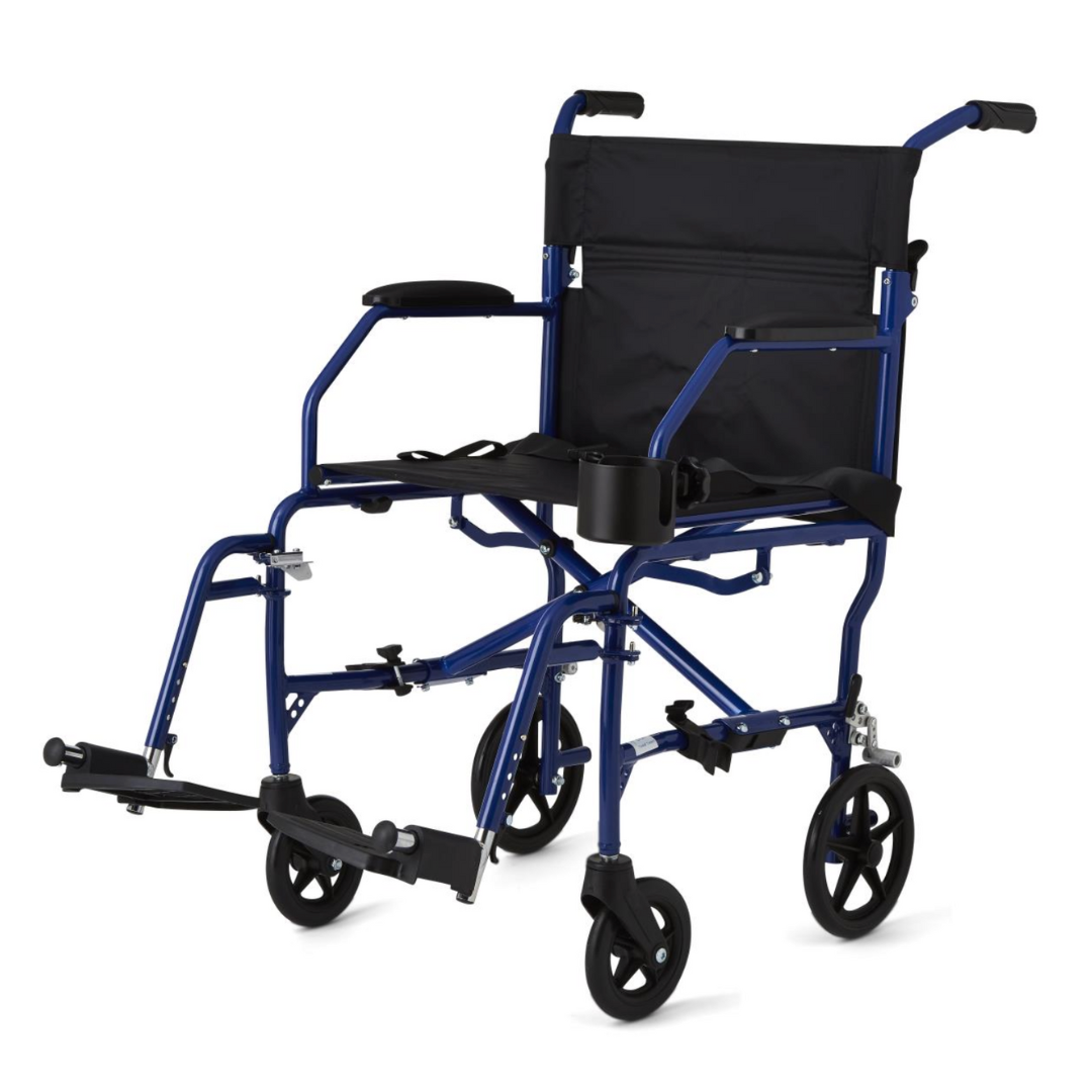 The Medline Ultralight Transport Chair, weighing just 15 lbs, features a blue aluminum frame with a black seat, armrests with a cup holder, footrests, small black wheels, and push handles. Its foldable design offers easy storage and portability.